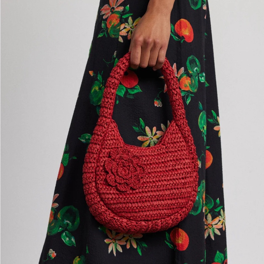 Straw Rosette Red Bag